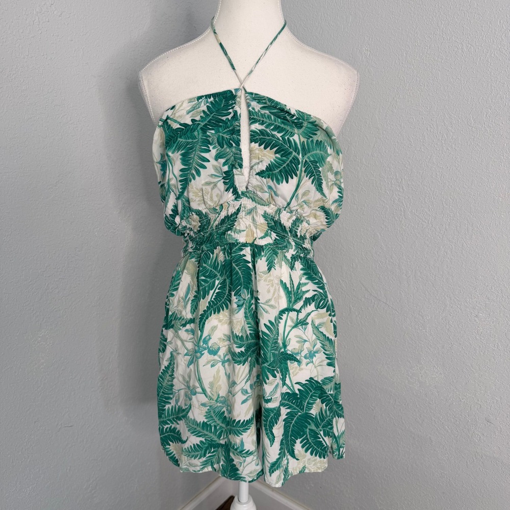 HM‎ Green White Tropical Palm Leaf Halter Romper Keyhole Smocked XL
